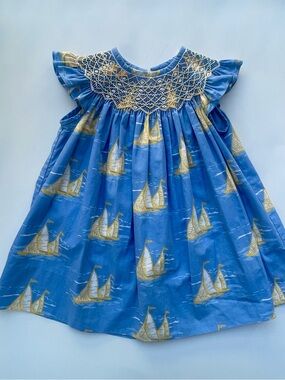 Claire & Charlie Smocked Dress Sailboat Baby 9 Months - Blue, Yellow
